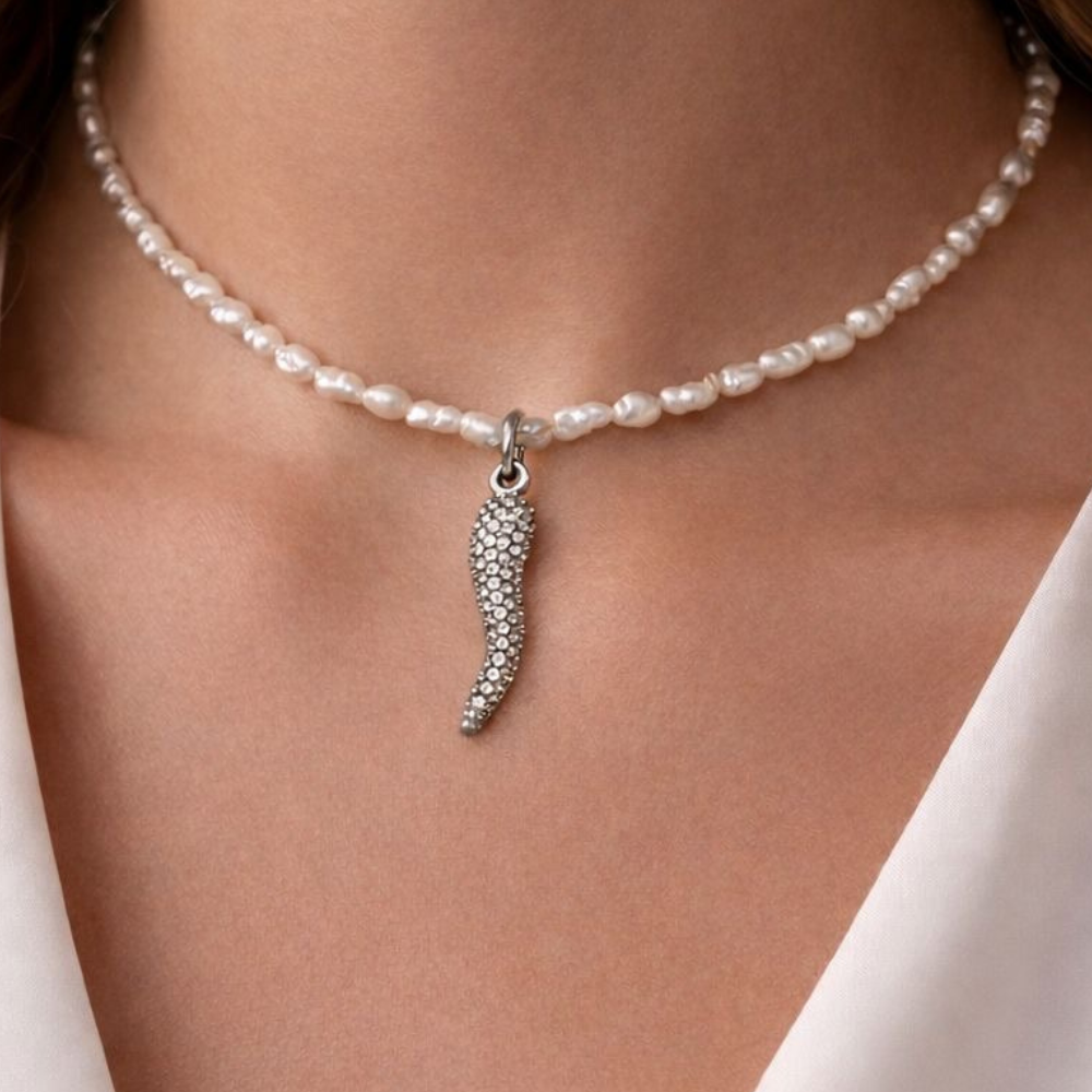 Collana Choker Cornetto Micro Perle di Fiume in Acciaio Silver