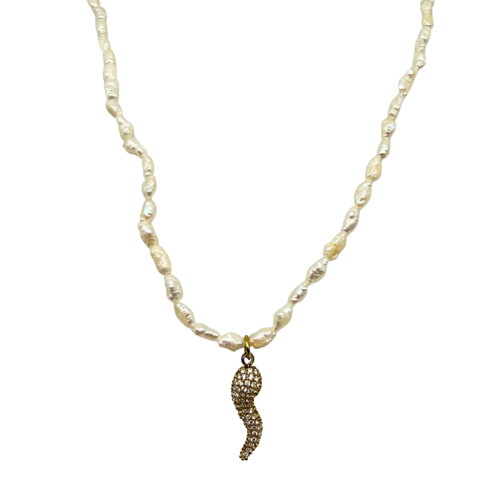 Collana Choker Cornetto Micro Perle di Fiume in Acciaio Gold