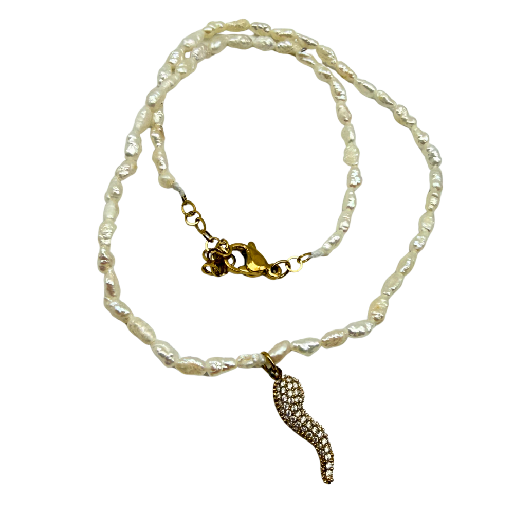 Collana Choker Cornetto Micro Perle di Fiume in Acciaio Gold
