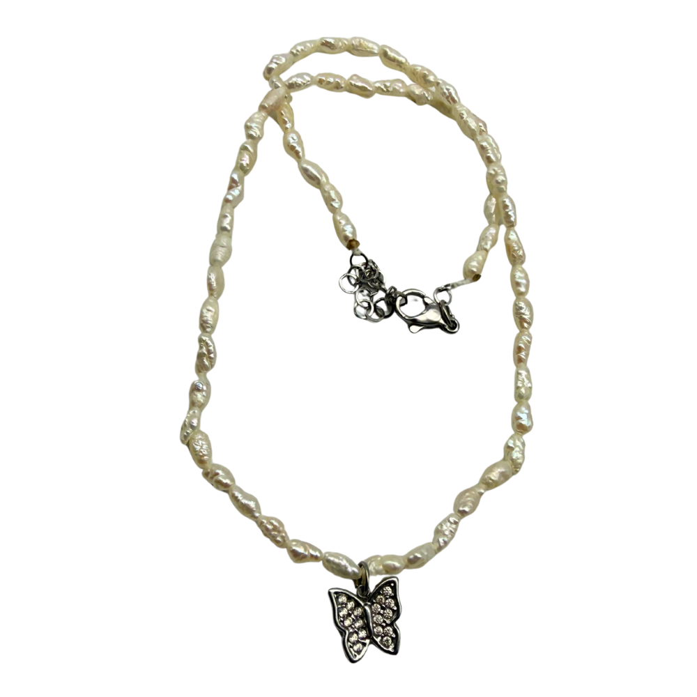 Collana Choker Farfalla Micro Perle di Fiume in Acciaio Silver