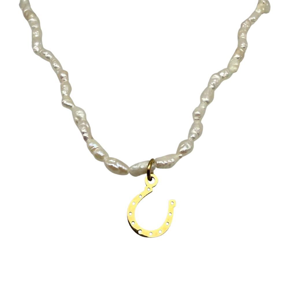 Collana Choker Ferro di Cavallo Micro Perle di Fiume in Acciaio Gold