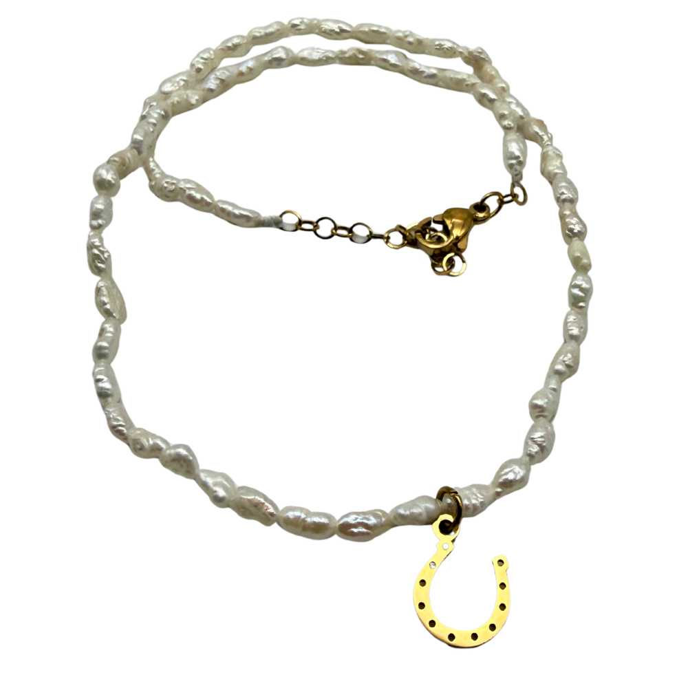 Collana Choker Ferro di Cavallo Micro Perle di Fiume in Acciaio Gold