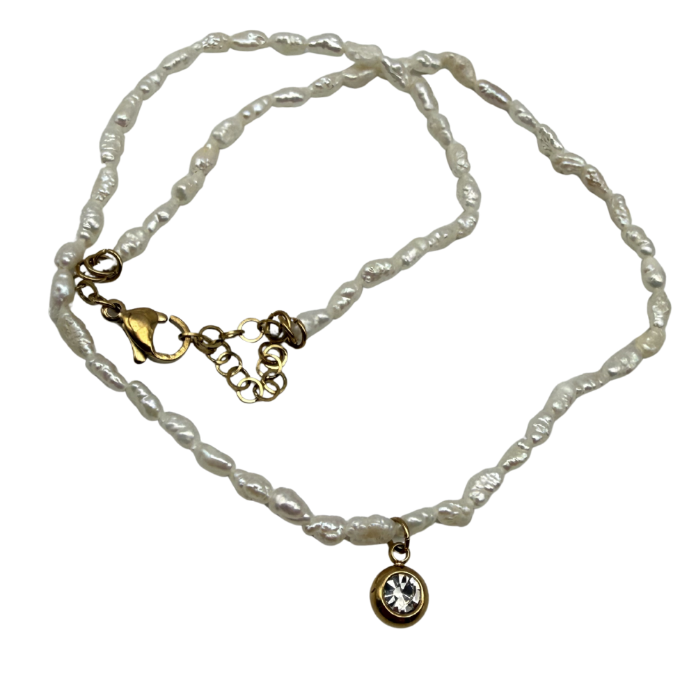 Collana Choker Zircone Micro Perle di Fiume in Acciaio Gold