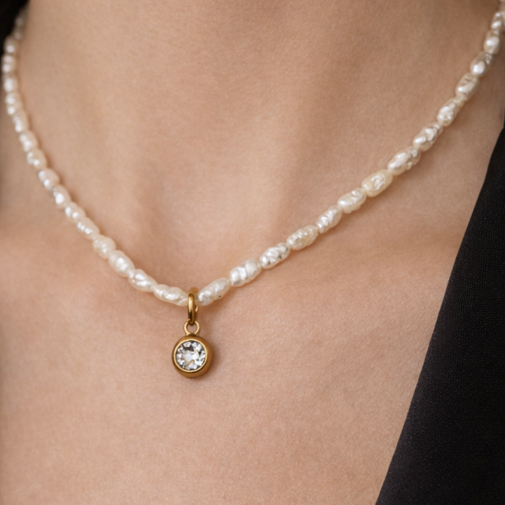 Collana Choker Zircone Micro Perle di Fiume in Acciaio Gold
