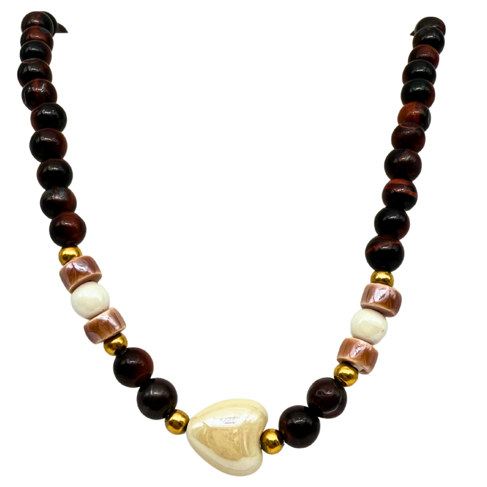 Collana Occhio di Tigre & White Heart in Acciaio Gold