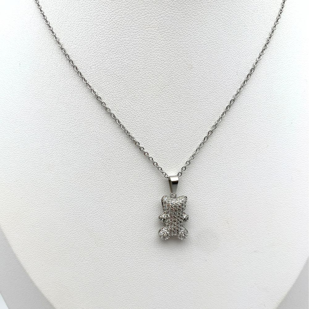 collana in acciaio silver con ciondolo a forma di orsetto con zirconi bianchi