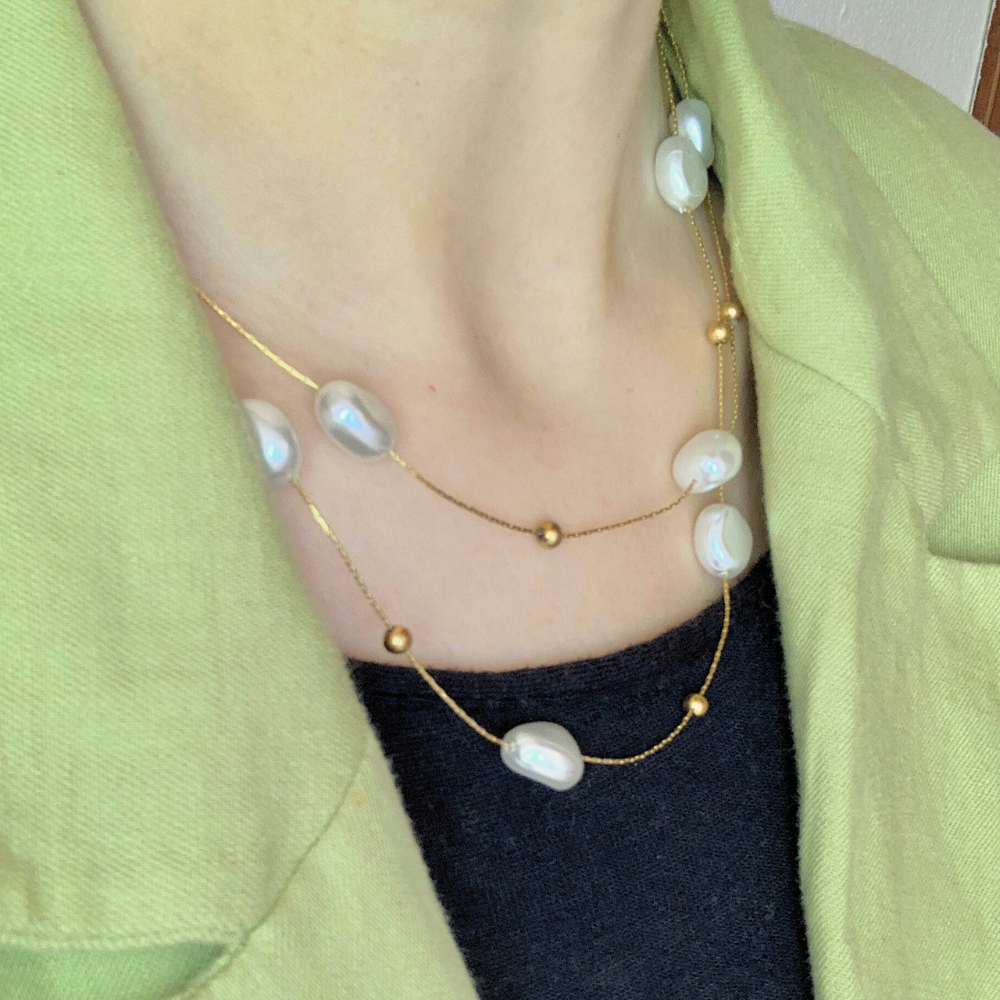 Collana di Perle a Doppio Giro in Acciaio Gold
