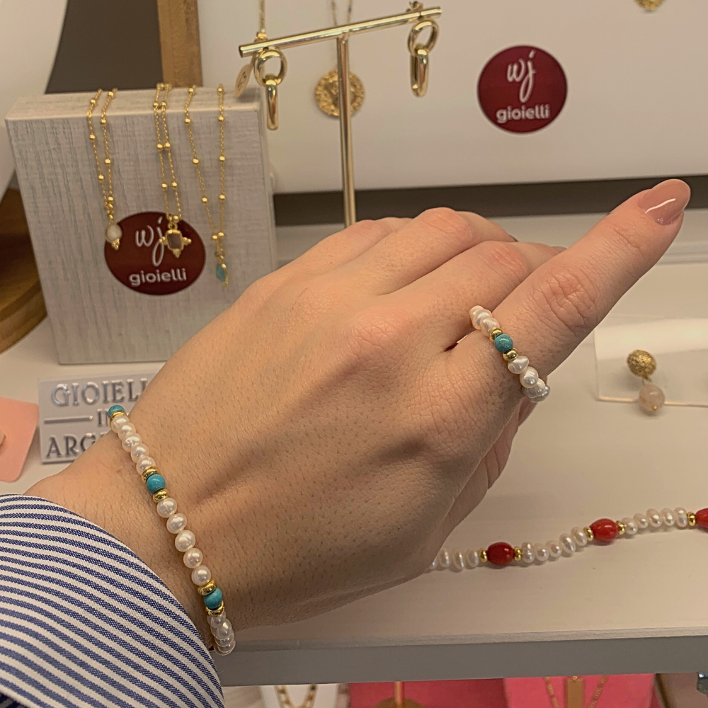 Anello Oceano con Perle di Fiume e Pietra Azzurra in Argento Gold - WJ Gioielli