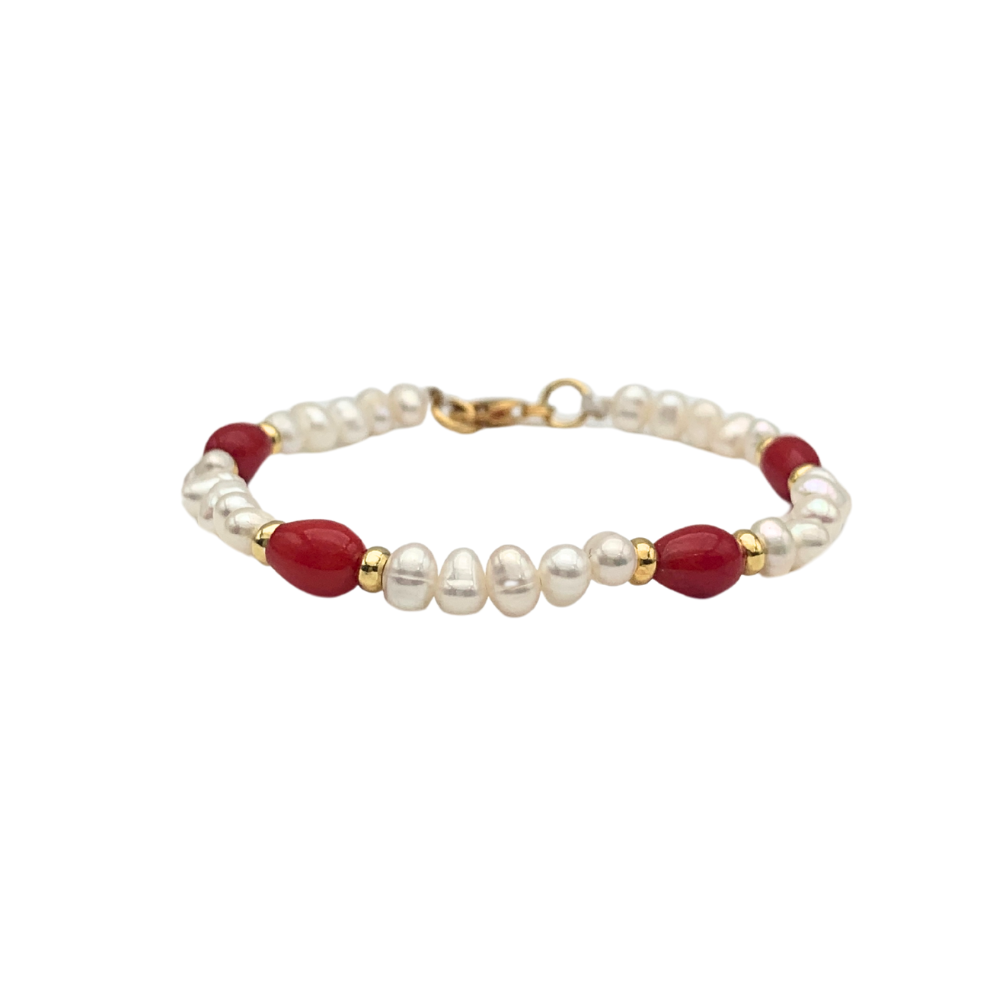 Bracciale Oceano con Perle di Fiume e Pietre Rosse in Argento Gold - WJ Gioielli