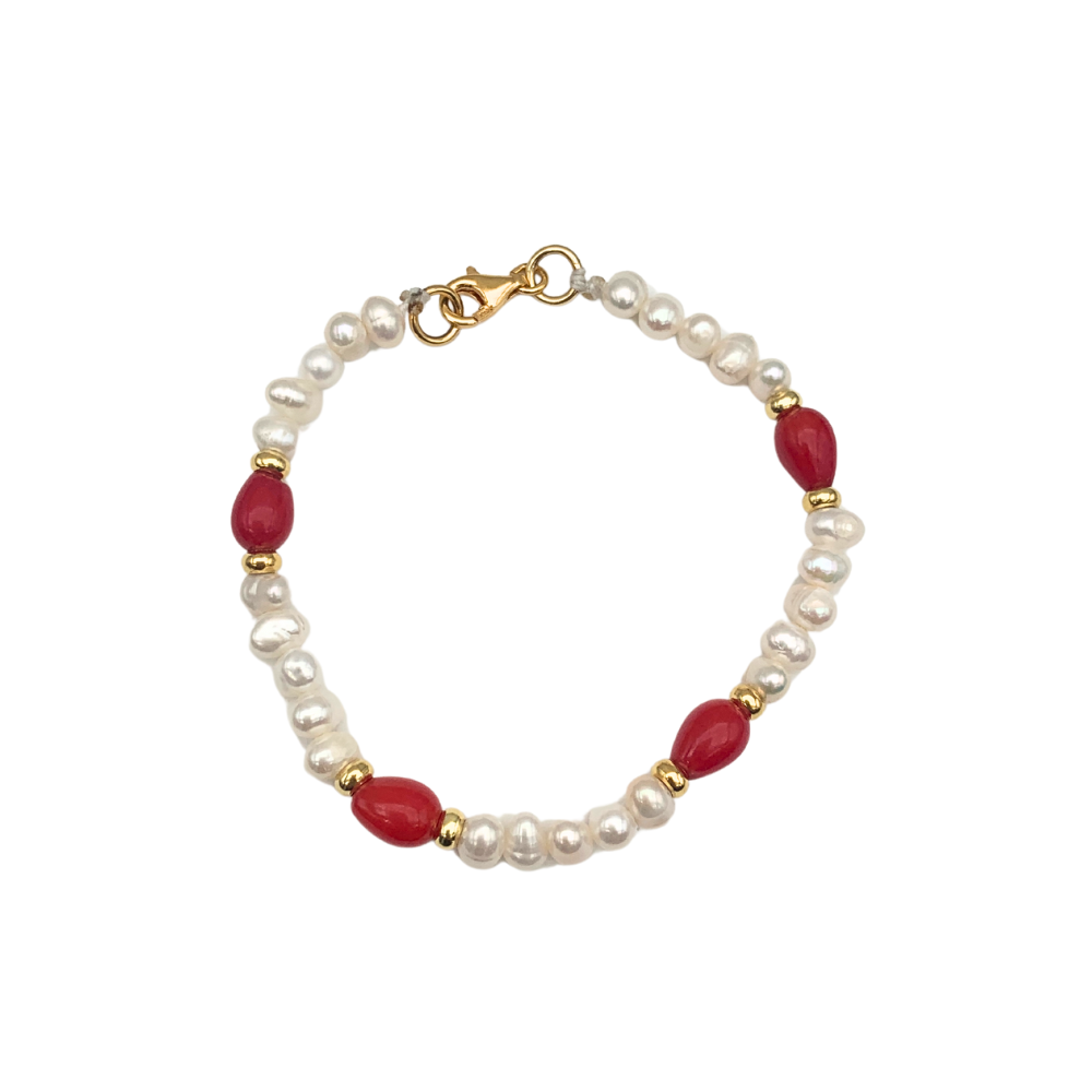 Bracciale Oceano con Perle di Fiume e Pietre Rosse in Argento Gold - WJ Gioielli
