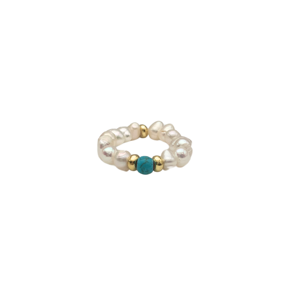 Anello Oceano con Perle di Fiume e Pietra Azzurra in Argento Gold - WJ Gioielli