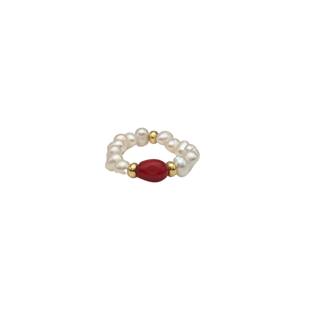 Anello Oceano con Perle di Fiume e Pietra Rossa in Argento Gold - WJ Gioielli