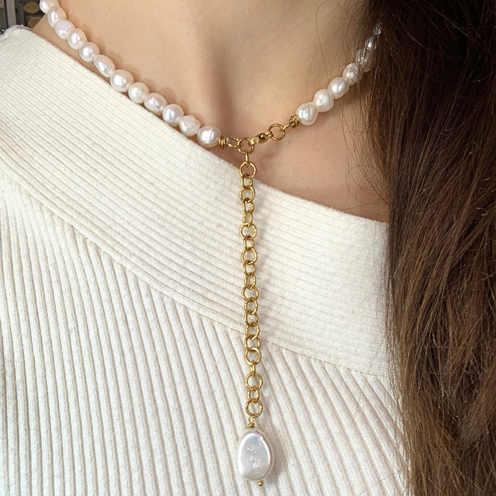 Collana Oceano Perle di Fiume in Acciaio Gold