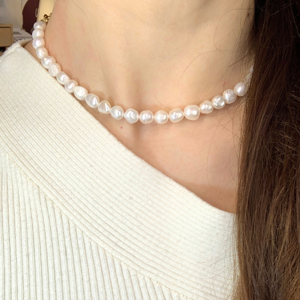Collana Oceano Perle di Fiume in Acciaio Gold