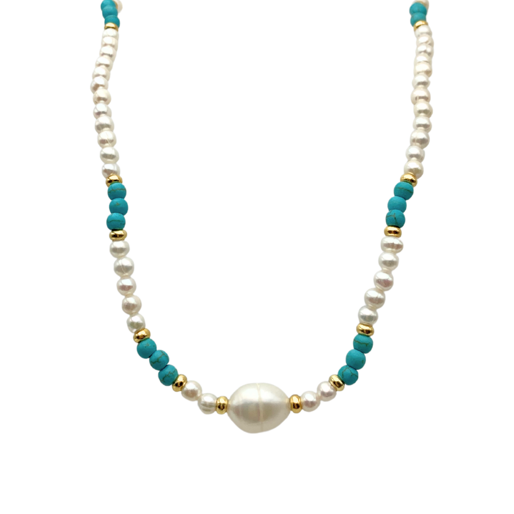 Collana Oceano con Perle di Fiume e Pietre Azzurre in Argento Gold