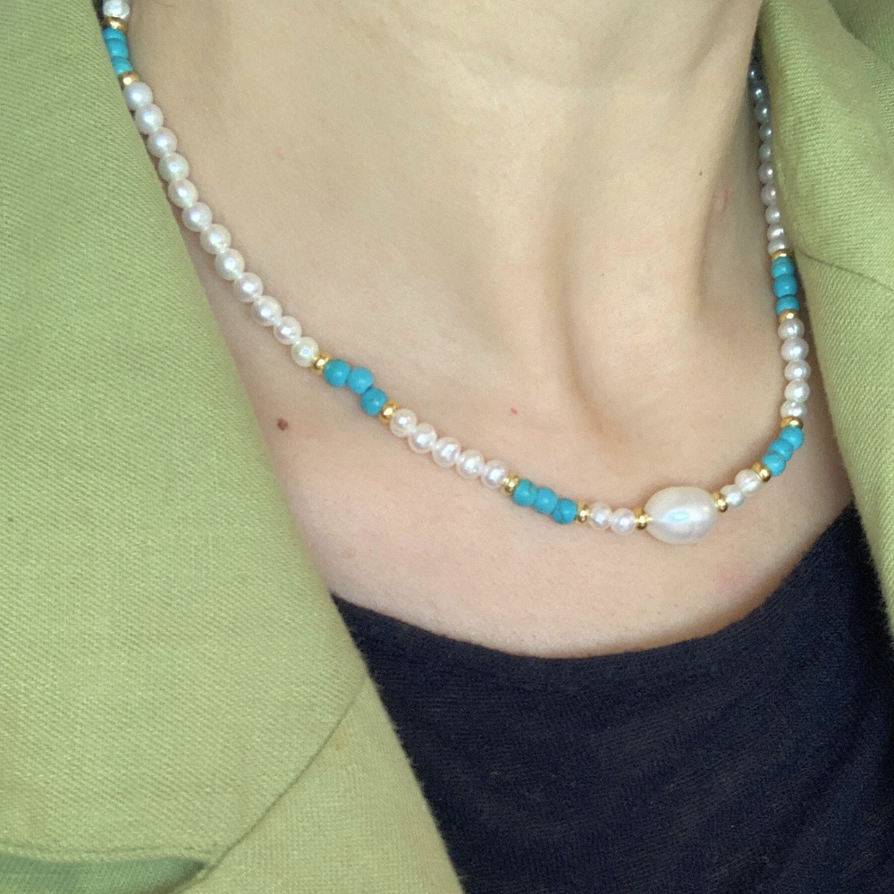 Collana Oceano con Perle di Fiume e Pietre Azzurre in Argento Gold