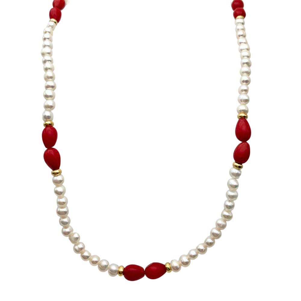 Collana Oceano con Perle di Fiume e Pietre Rosse in Argento Gold