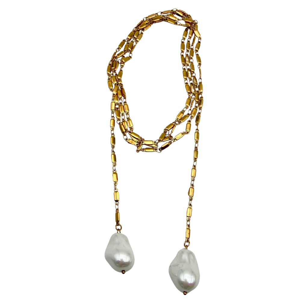 Collana Lunga Pendol in Perle in Acciaio Gold