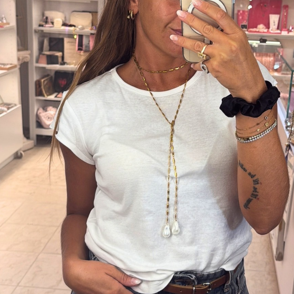 Collana Lunga Pendol in Perle in Acciaio Gold
