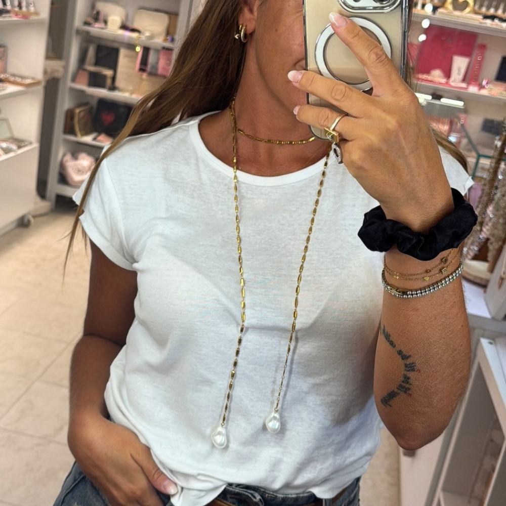 Collana Lunga Pendol in Perle in Acciaio Gold