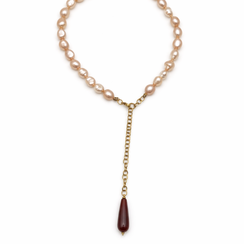 Collana Pendol con Maxi Perle Di fiume e Goccia di Corniola in Acciaio Gold