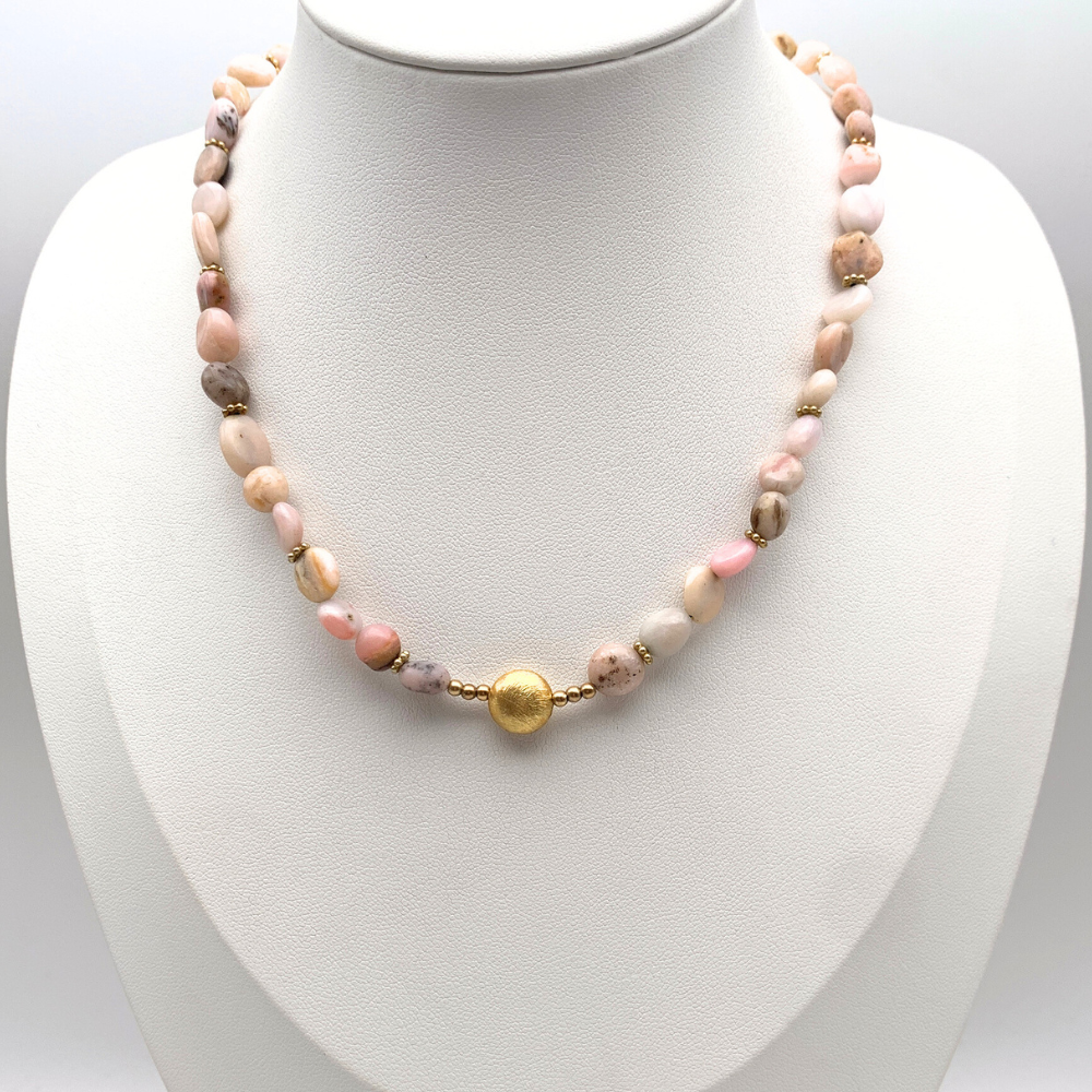 collana in argento gold con pietre dure rosa e rondelle puntinate e rondella tonda satinata