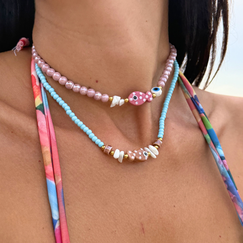 Collana Rosa con Pesciolino e Occhio Greco in Acciaio Gold