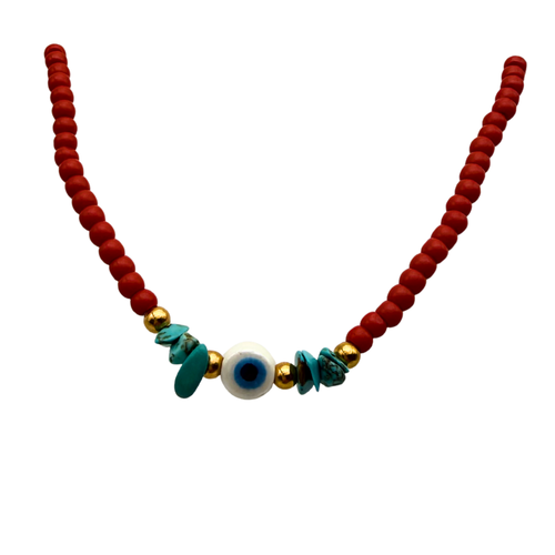 Collana Rossa con Occhio Greco in Acciaio Gold