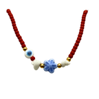 Collana Rossa con Fiore e Occhio Greco in Acciaio Gold