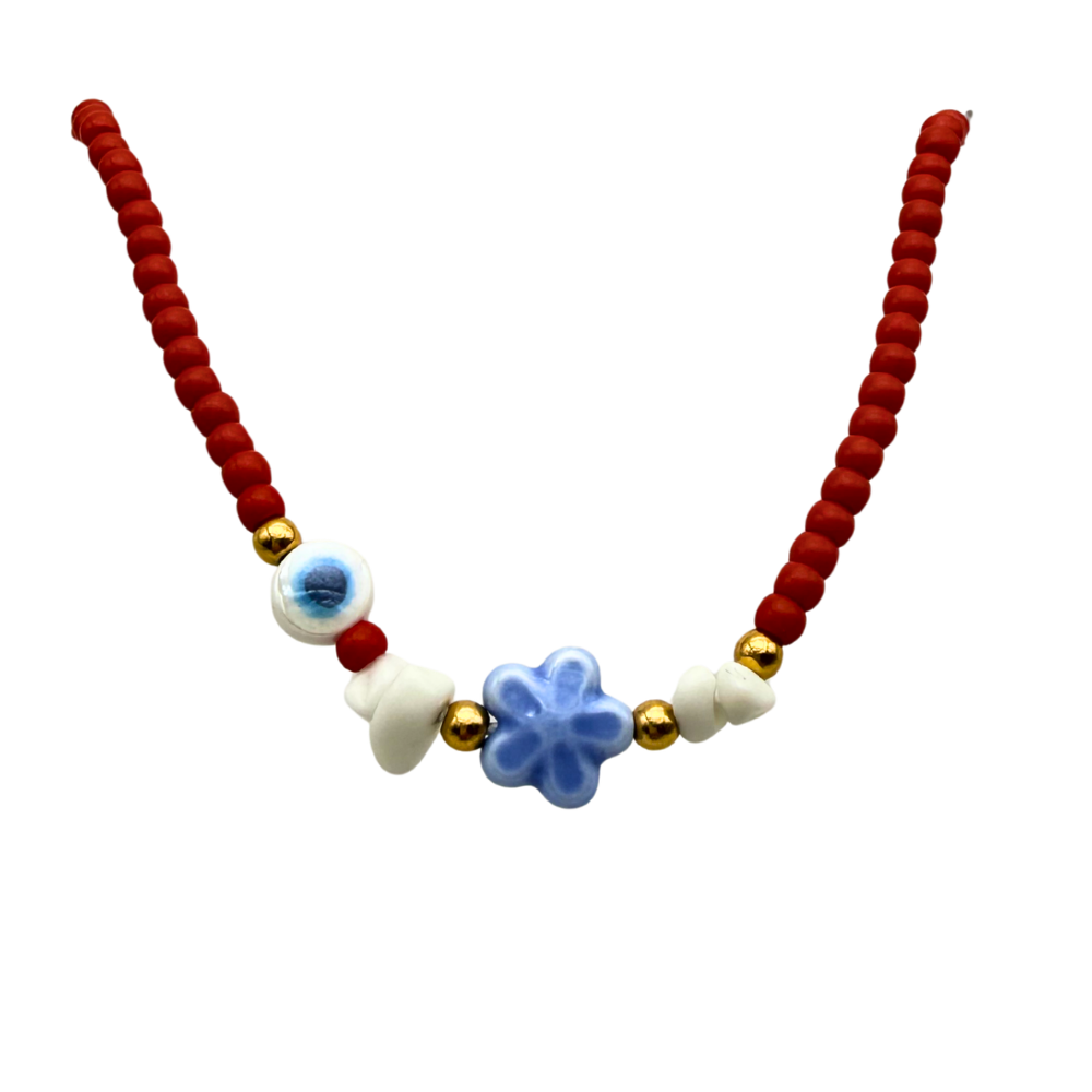 Collana Rossa con Fiore e Occhio Greco in Acciaio Gold
