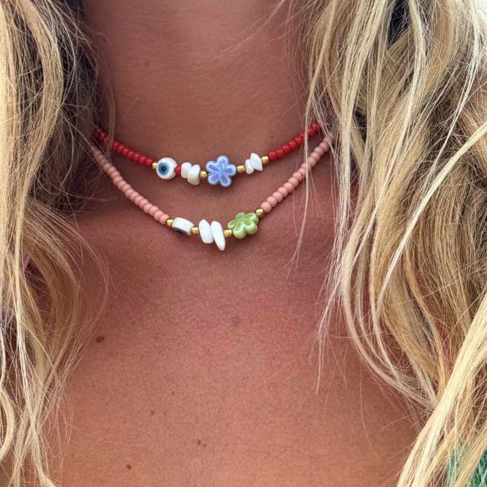 Collana Color Carne con Fiore e Occhio Greco in Acciaio Gold