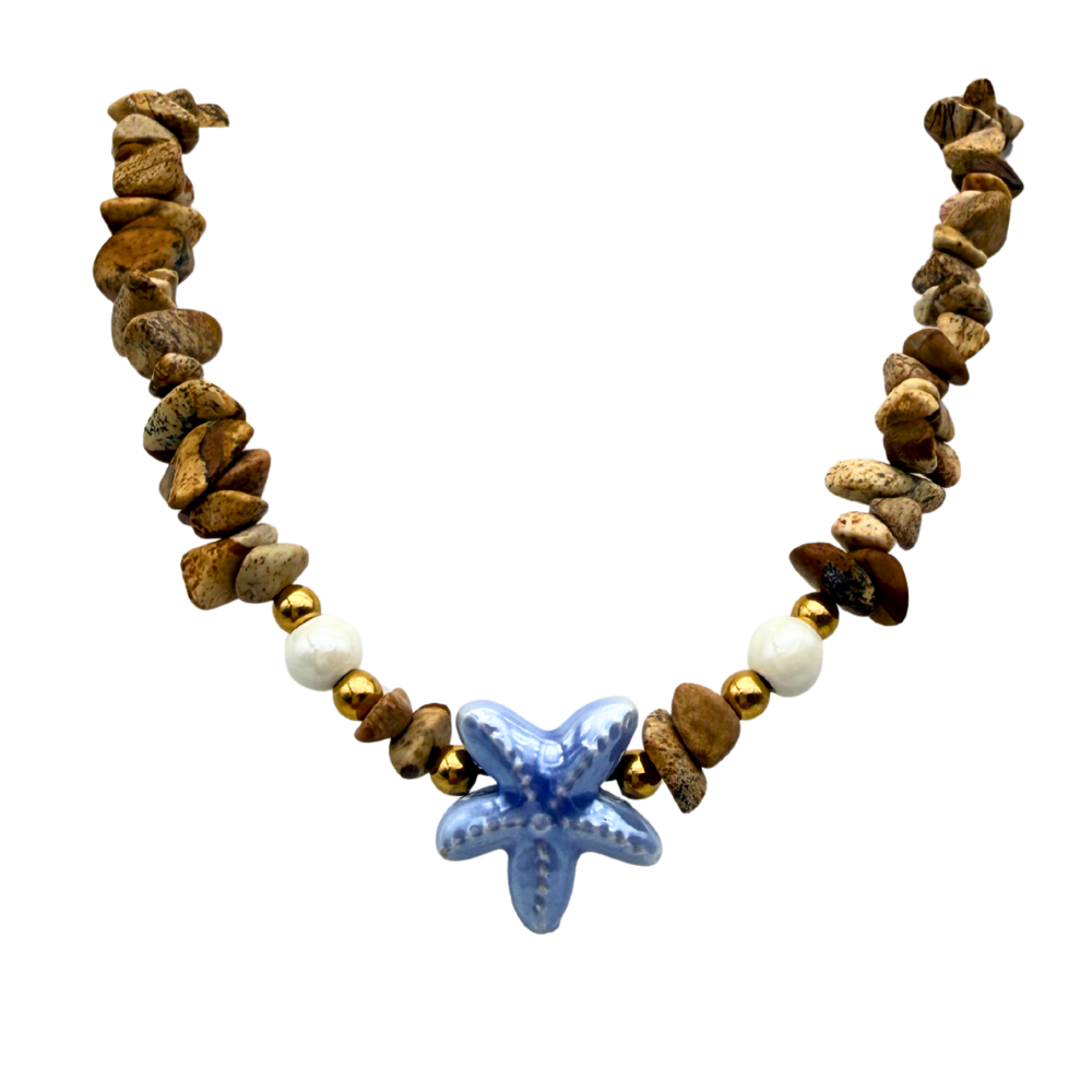 Collana Sassolini Sabbia e Stella Marina Azzurra in Acciaio Gold