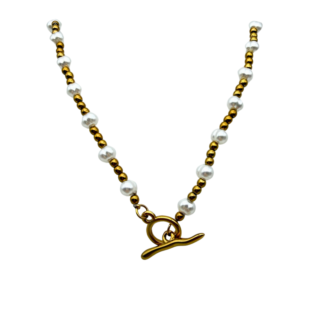 Collana T-Bar con Perle e Gold Beads in Acciaio Gold
