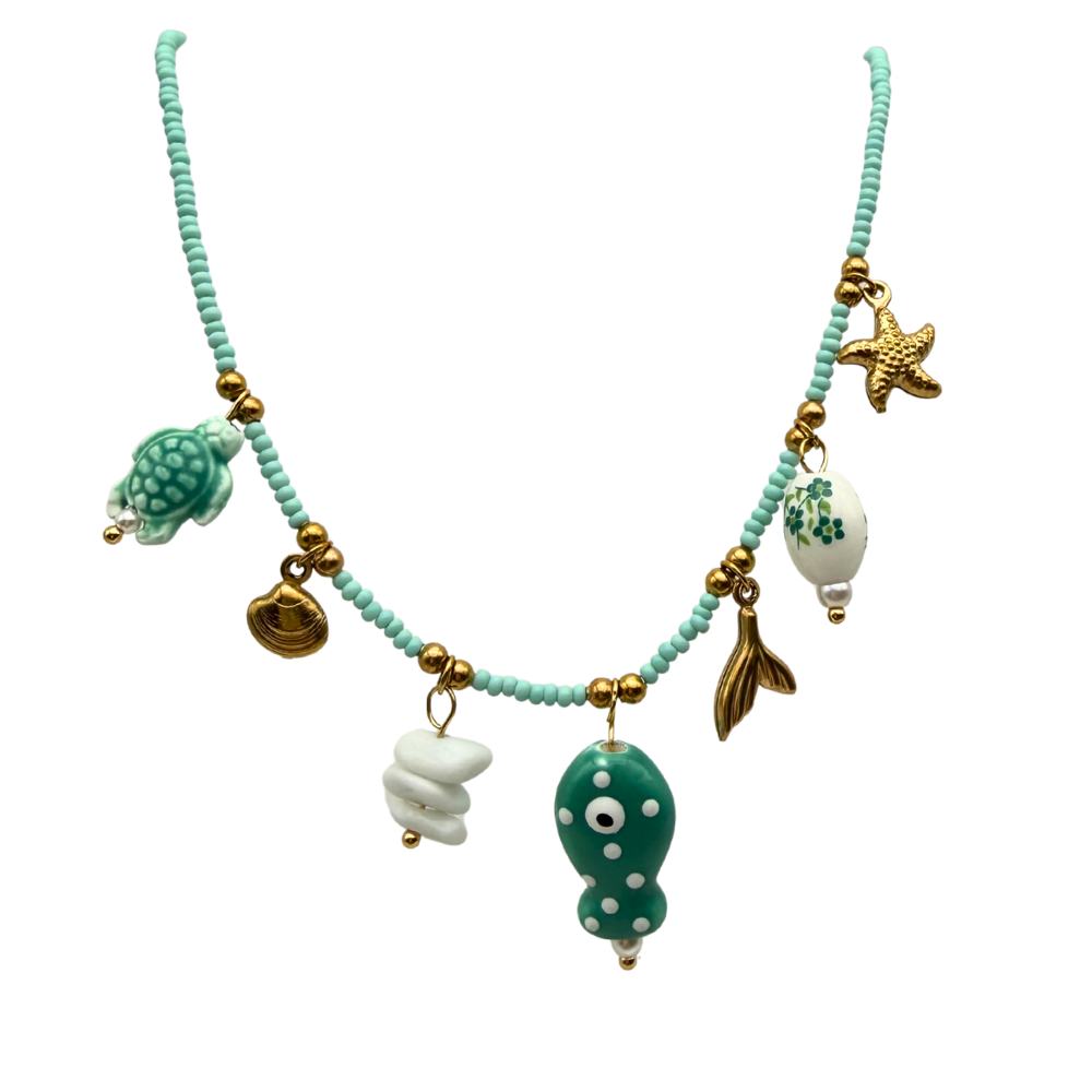 Collana Multi Charms Verde Acqua in Acciaio Gold