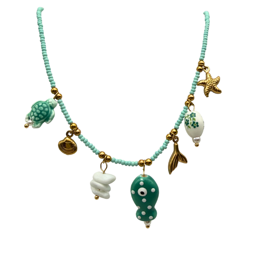 Collana Multi Charms Verde Acqua in Acciaio Gold