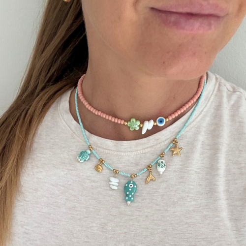 Collana Multi Charms Verde Acqua in Acciaio Gold