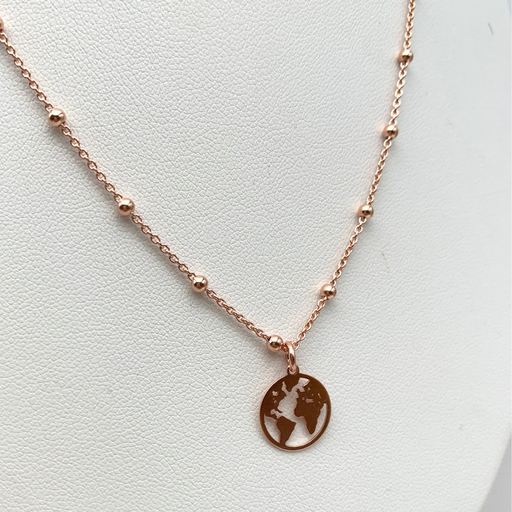 collana in argento 925 placcata oro rosa con ciondolo mondo