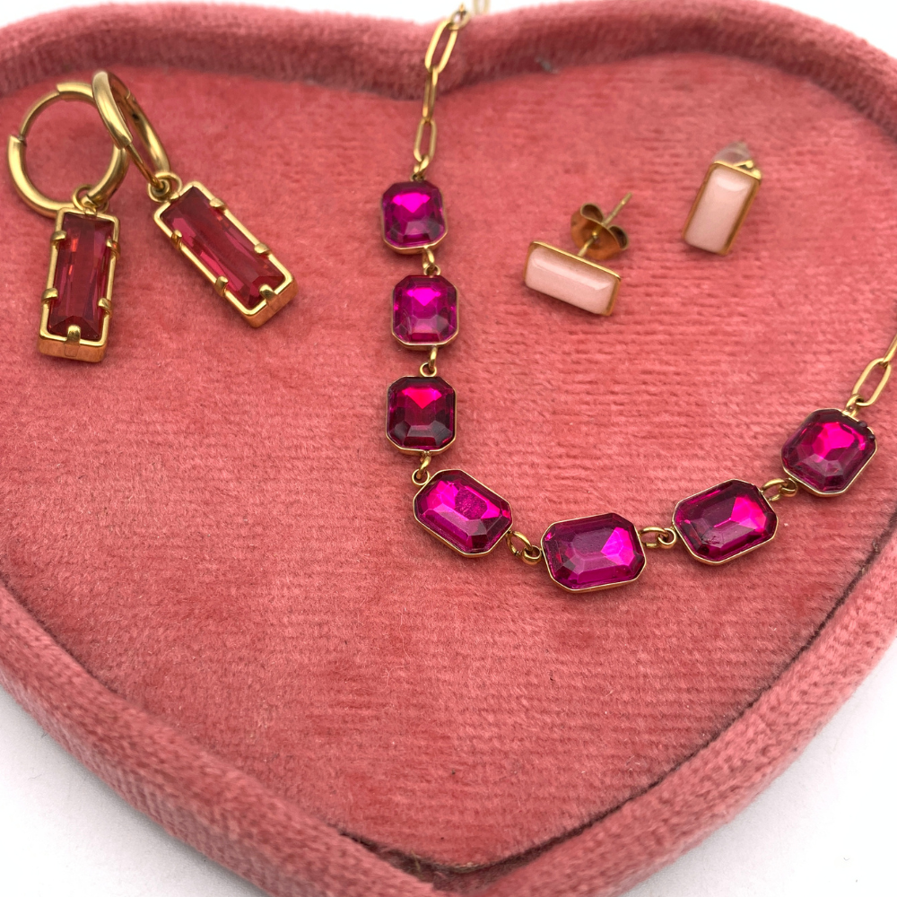collana in acciaio gold con zirconi fucsia