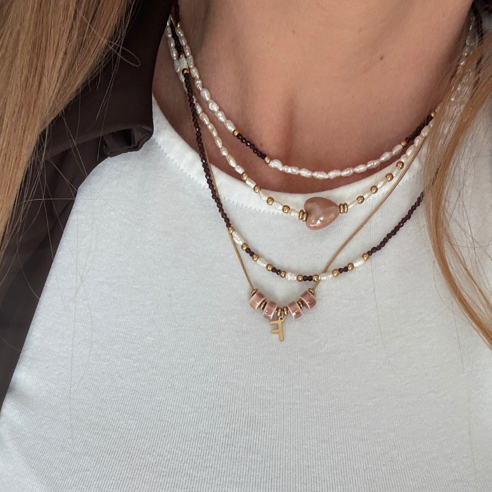 Collana Moka con Cristalli Marroni e Perle di Fiume in Acciaio Gold