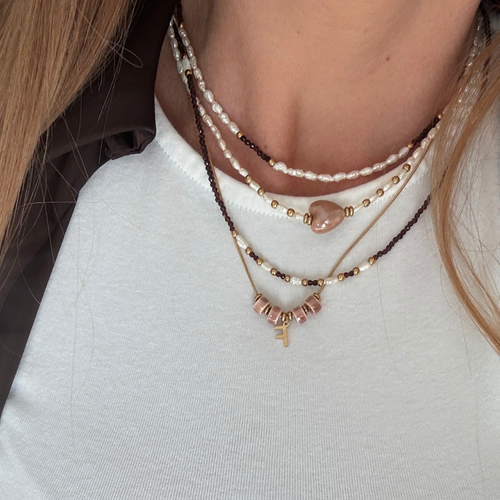 Collana Moka con Cristalli Marroni e Perle di Fiume in Acciaio Gold