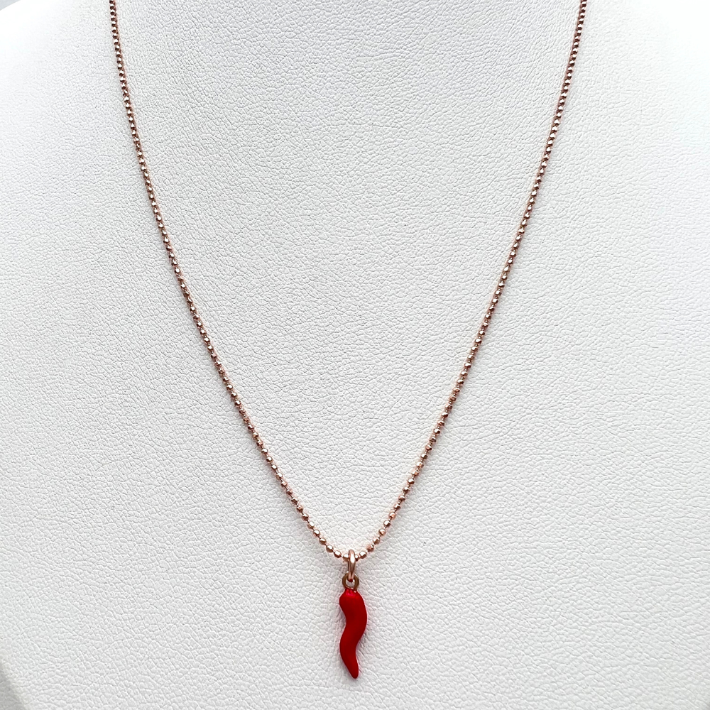 collana in argento placcata oro rosa con cornetto rosso