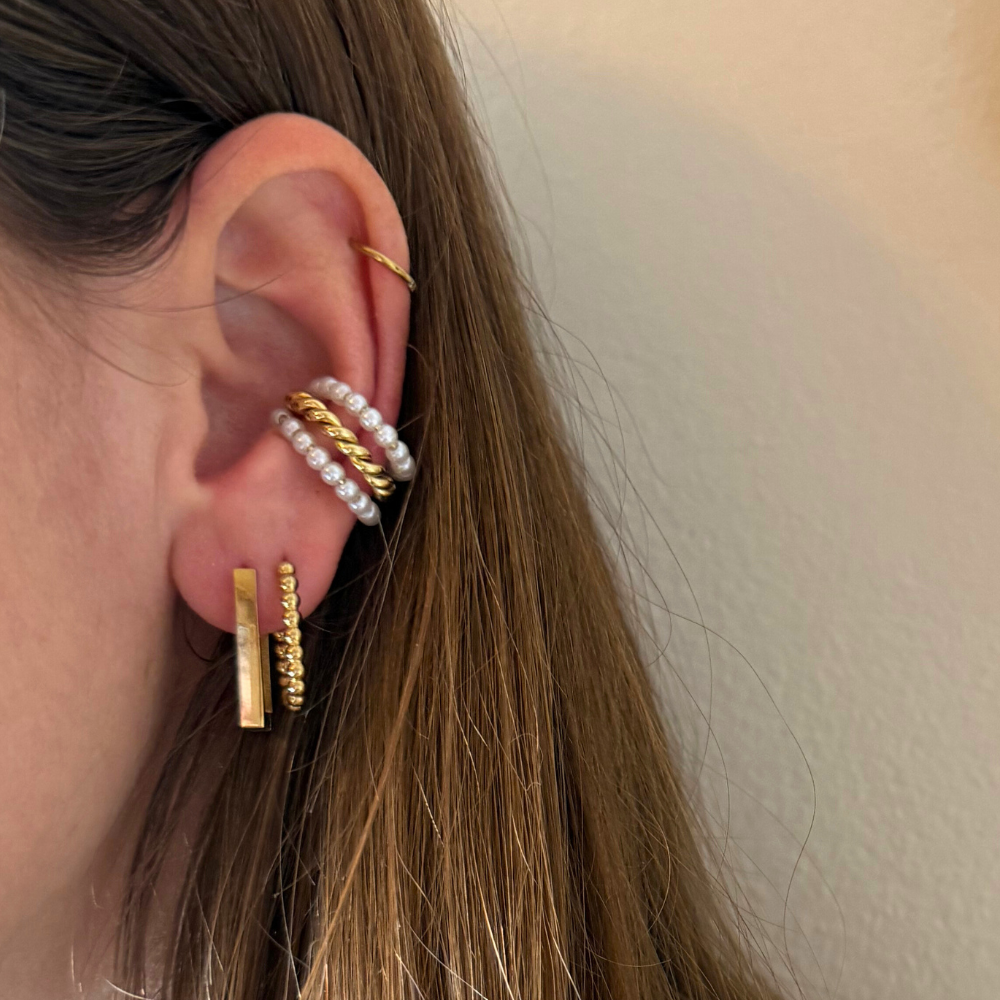 Ear Cuff Tris Perle & Torchon in Acciaio Gold