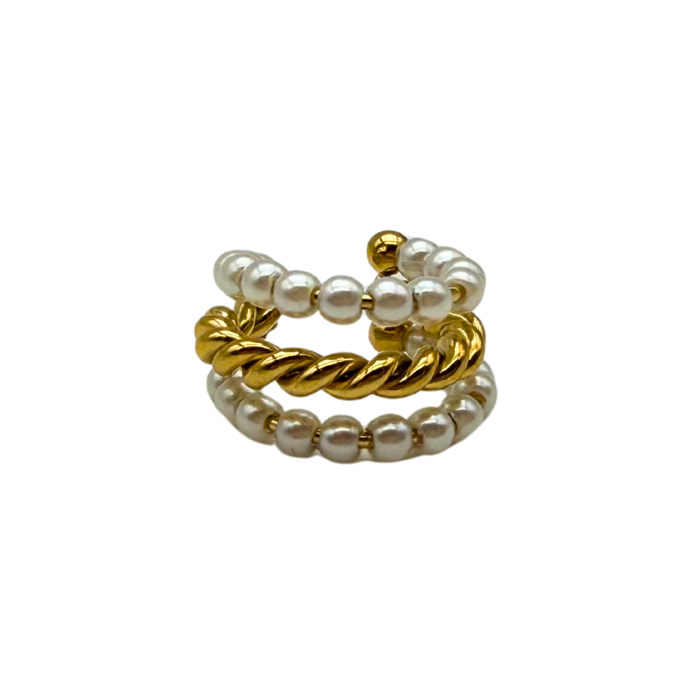 Ear Cuff Tris Perle & Torchon in Acciaio Gold