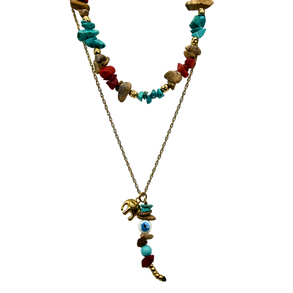 Collana Charms Sassolini Multicolor & Elefante in Acciaio Gold