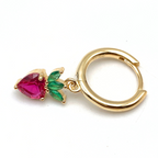 mono orecchino a cerchietto in argento gold con fragola pendente con zirconi fucsia e verdi