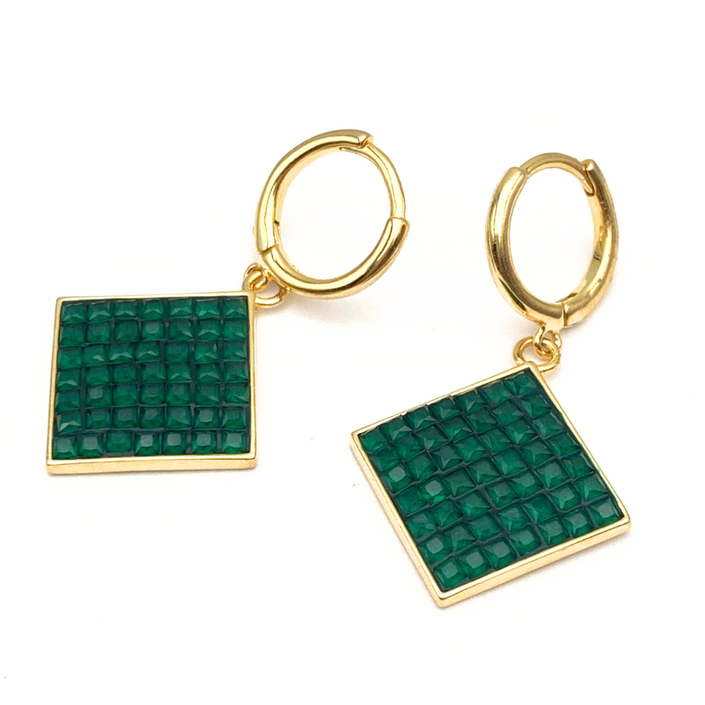 Hoops Pendente Quadrato con Zirconi Verdi in Argento Gold