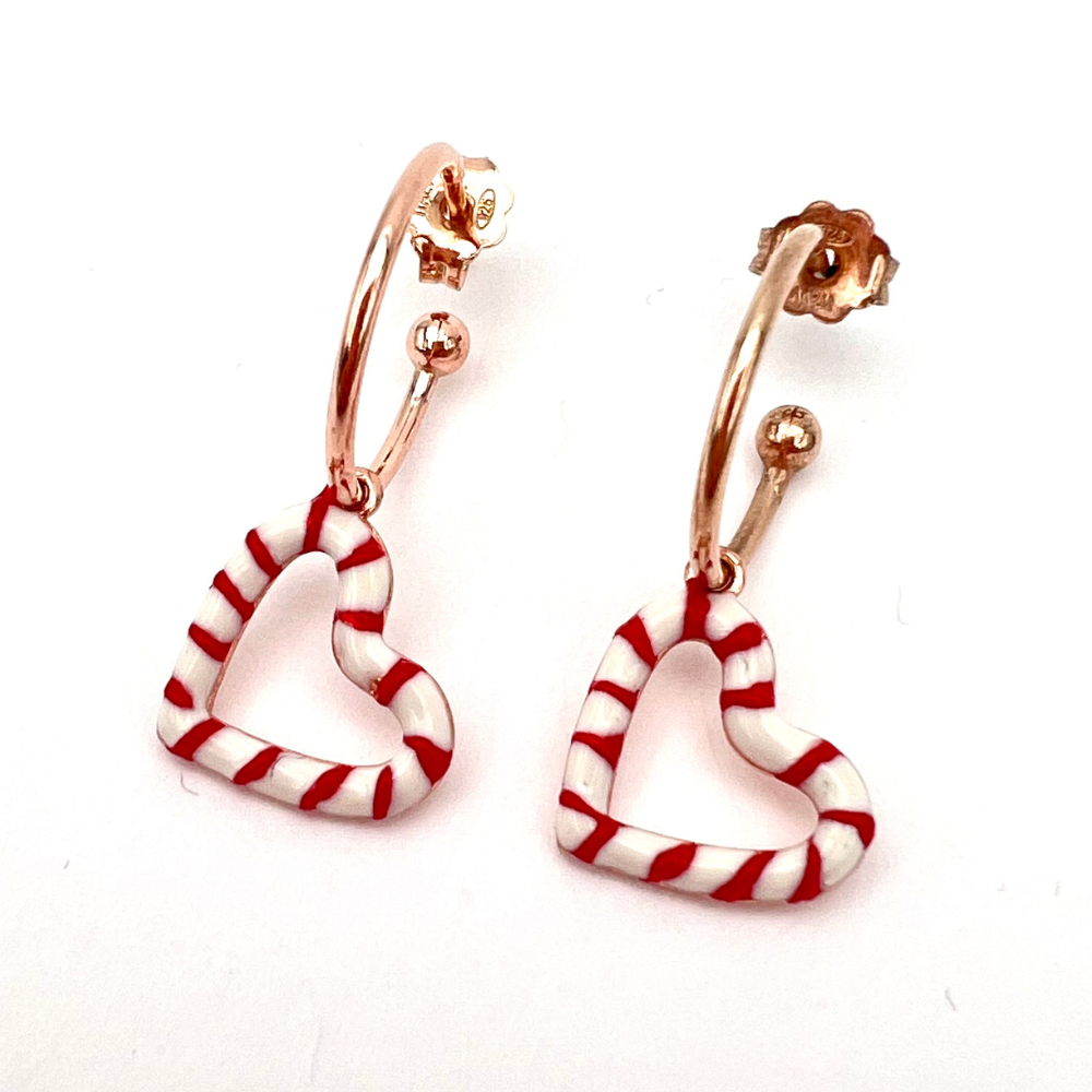 orecchini in argento 925 placcato oro rosa 18k con ciondolo cuore caramella