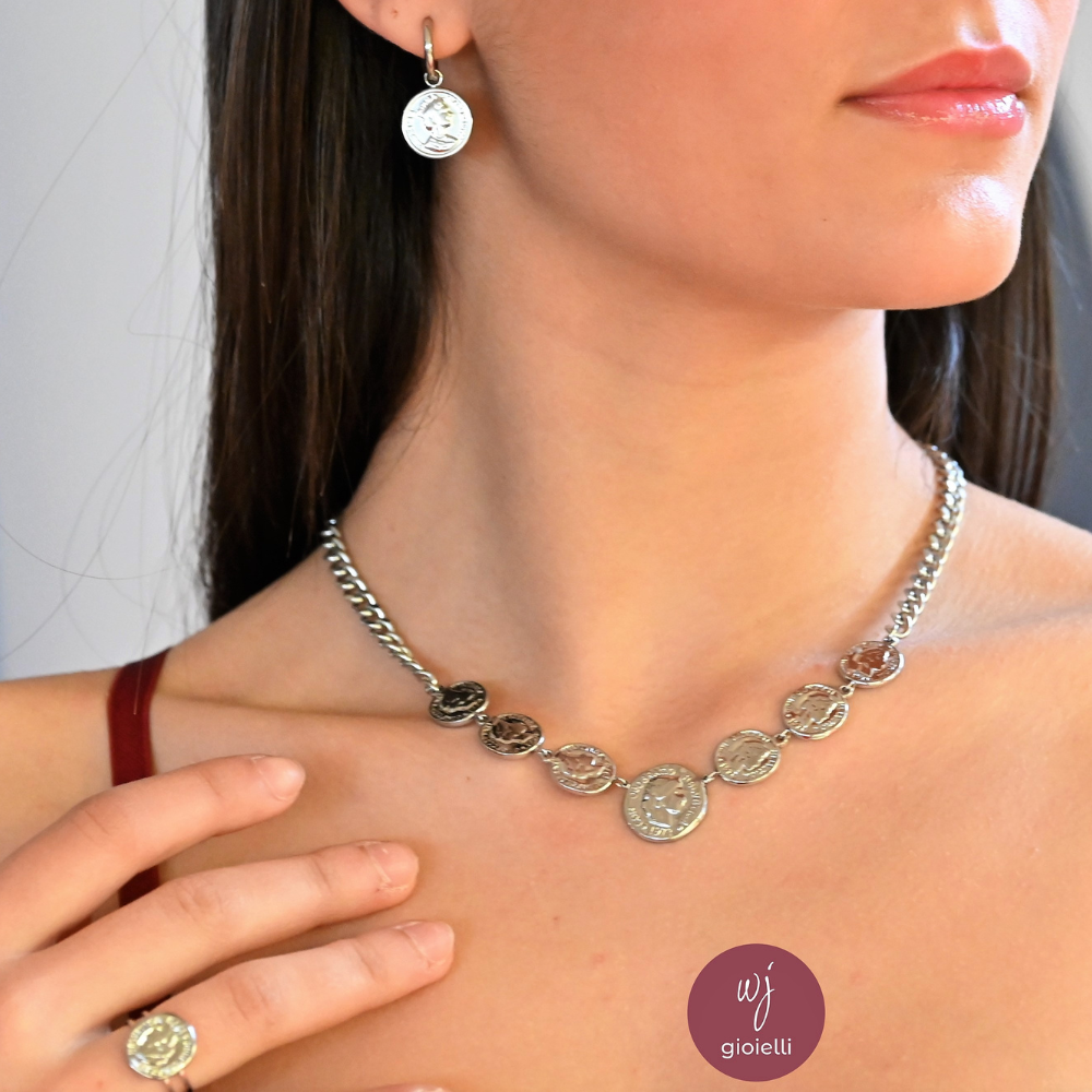 hoops monete silver in acciaio e collana grumetta con monete in acciaio silver e anello con moneta