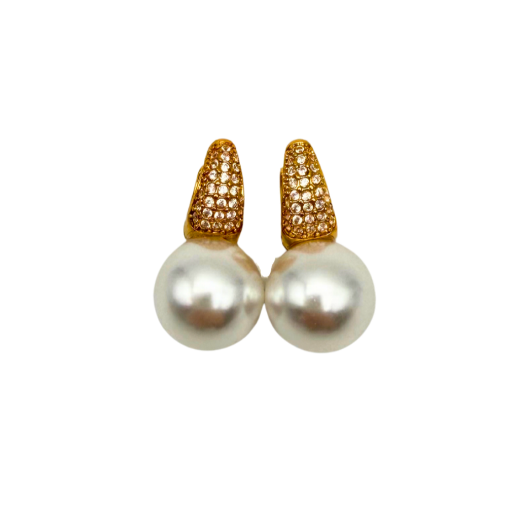 Orecchini Hoops Goccia di Zirconi e Perla in Acciaio Gold