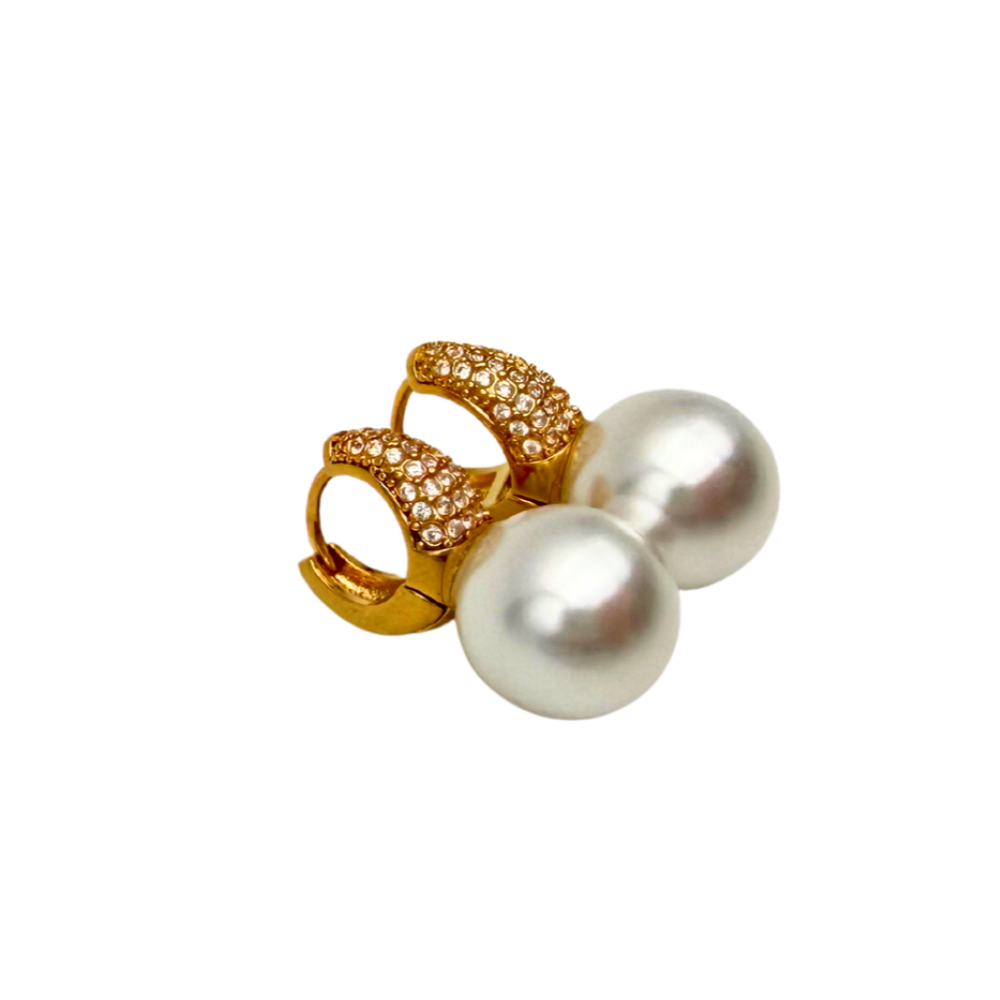 Orecchini Hoops Goccia di Zirconi e Perla in Acciaio Gold